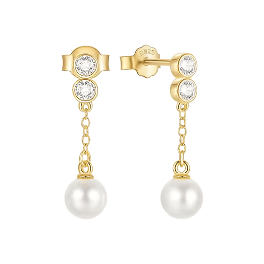 Bezel Set CZ & Pearl Dangle Studs