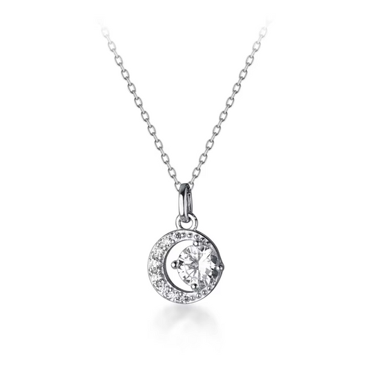 Sterling Silver Pavé Crescent Moon & Prong Set CZ Pendant Necklace