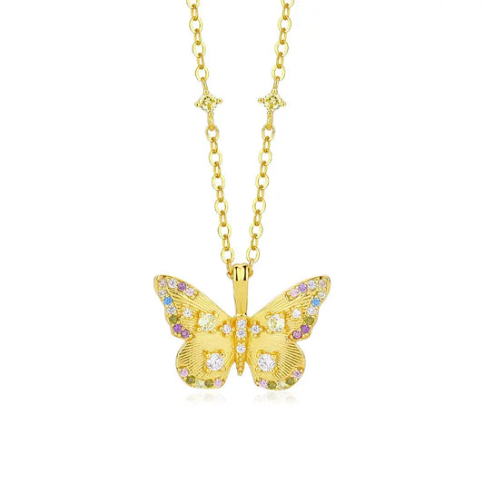 Sterling Silver Butterfly Pendant Necklace with Colourful CZ Gemstones