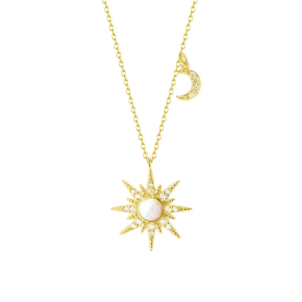 Sterling Silver Sun & Moon Pendant Necklace with Opal & Cubic Zirconias