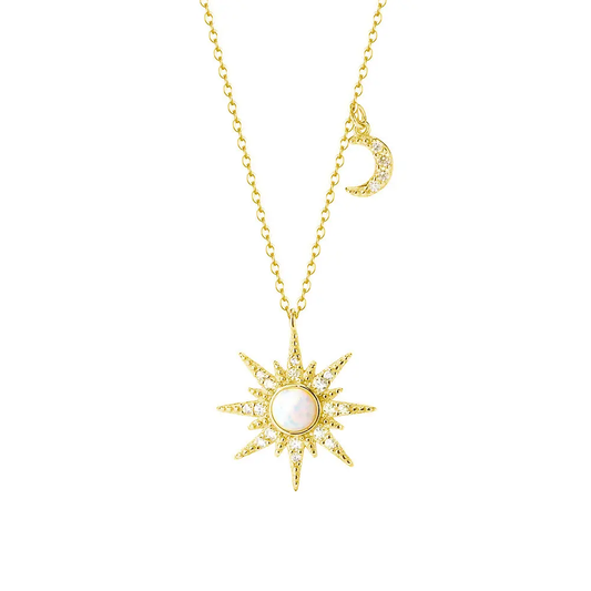 Sterling Silver Sun & Moon Pendant Necklace with Opal & Cubic Zirconias